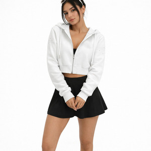 Sweat à capuche court zippé pour femme de qualité supérieure en molleton de coton avec détails en strass légers, coupe ajustée, style streetwear décontracté - Product Image 1