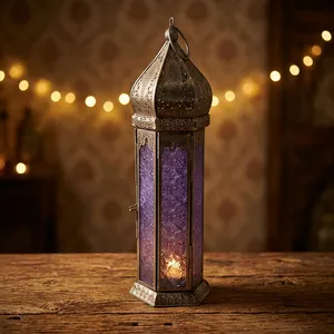 Lanterne hexagonale en métal de style marocain ornée avec panneau en verre gaufré violet, décoration d'intérieur, porte-bougie durable - Product Image 3
