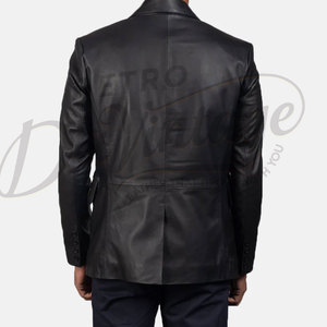 Blazer en cuir véritable noir pour homme, coupe ajustée, deux boutons, veste de costume décontractée en cuir, veste de soirée formelle de luxe - Product Image 4