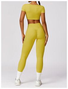 2 Piece Yoga Set Square Neck Long Sleeve Crop Top High Waist Full Length <b>Leggings</b> Seamless Racerback Sport Wear - Product Image 3