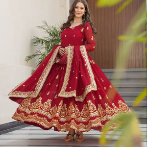 Traje de fiesta vintage para mujer con dupatta, de georgette, con bordado de lentejuelas y zari, largo hasta el suelo, corte regular - Product Image 1