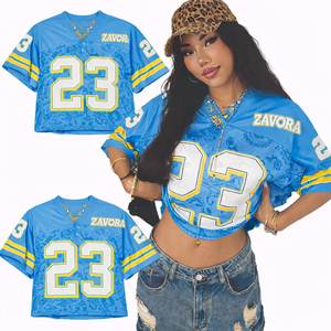 Camiseta de Fútbol Americano de Malla Corta Azul de Alta Calidad para Mujer, Personalizable, Estilo Urbano, Cuello en V, Oversize, con Gráficos, Moda Femenina - Product Image 1