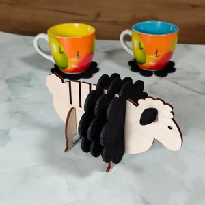 Cartoon Sheep Wooden Coaster Set Flower Shape Non-Slip <b>Mats</b> Black Felt Pads 6mm Thickness - Product Image 4