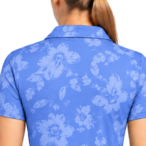 เสื้อโปโลกอล์ฟแขนสั้นพิมพ์ลายดอกไม้สีฟ้าสำหรับผู้หญิง เสื้อกีฬาประสิทธิภาพสูง ระบายอากาศได้ดี รับผลิตตามสั่ง ขายส่ง - Product Image 4