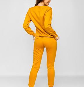 Damen Senfgelber Einfarbiger Trainingsanzug Langarm Rundhals Lässiges Jogger-Hosen-Set Atmungsaktiv 100% Baumwolle Frühlingskleidung - Product Image 2