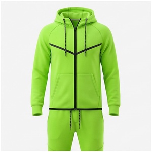 Chándal con Capucha para Hombre, Color Verde Lima, Manga Larga, Cierre Frontal con Cremallera, Color Sólido, Transpirable, Deportivo, Corte Regular, Ropa de Otoño - Product Image 1