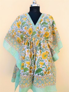 Wholesale Hand Block Printed 100% Cotton Eco-Friendly V-Neck Loose Fit Women's <b>Beach</b> Party <b>Kaftan</b> Dress Summer Holiday - Product Image 6