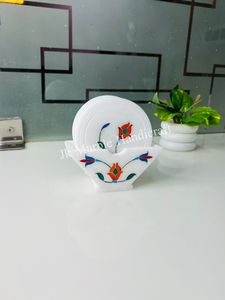 <b>White</b> Marble <b>Coaster</b> Set With Floral Inlay Design For Tea & Coffee <b>Coaster</b> Handcrafted Wholesale Available - Product Image 3