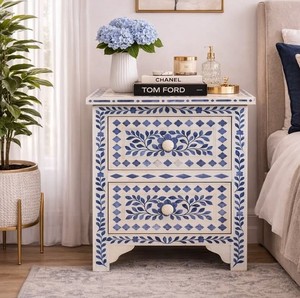 Designer Handmade Bone Inlay Nightstand with 2 <b>Drawers</b> Luxury Bedside Cabinet Floral Pattern <b>Side</b> Table for Home Hotel Furniture - Product Image 1