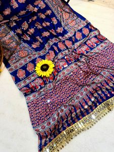 Sari en tissu Ajrakh imprimé de qualité supérieure avec travail de miroir artisanal, sari ethnique traditionnel de créateur pour femmes - Product Image 4