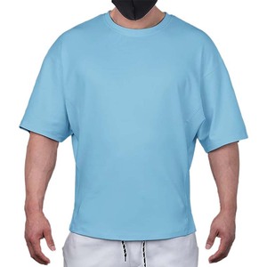 Men's Oversized Light Blue Solid Color Casual T-Shirt Short Sleeve O-Neck Jersey Knitted Plain Dyed Fit - Product Image 1