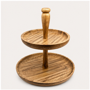 Soporte para Pastel de 2 Niveles Hecho a Mano con Madera de Acacia Natural, Bandeja Redonda de Madera Ecológica para Servir Cupcakes, Frutas y Postres - Product Image 4