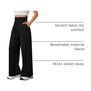 Pantalon pour femme noir à jambes larges, taille haute, élastique, plissé, coupe ample, longueur complète, décontracté, avec poches, couleur unie - Product Image 6