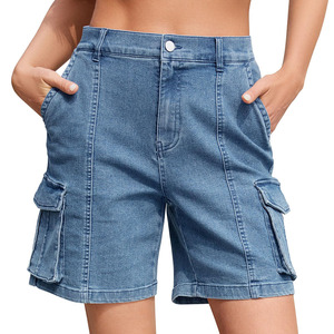 High Waist Denim <b>Cargo</b> <b>Shorts</b> with Side Pockets Button Fly Casual Style for <b>Women</b> - Product Image 1