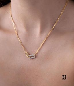 Pendentif diamant double lien moderne en or 14 carats, collier minimaliste, bijoux fins - Product Image 1