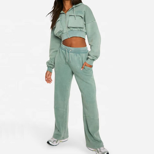 Conjunto Deportivo Lavado para Mujer, Estilo Vintage, Sudadera con Capucha y Pantalones Jogger, Conjunto de Sudadera Corta con Capucha, Ropa Urbana de Algodón, Logotipo Personalizado Bordado - Product Image 1