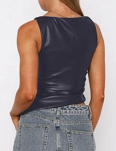 Débardeur en similicuir pour femme, sans manches, col rond, coupe ajustée, style clubwear - Product Image 3