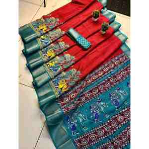 DESIGNER DOLA <b>SILK</b> JACQUARD BORDER WORK SAREE WITH UNSTITCHED BLOUSE <b>RED</b> - Product Image 1