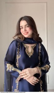 Women Navy Blue Silk Salwar Kameez With Gold Embroidery Ankle-Length Party Wear Elegant <b>Loose</b> Fit India Pakistan Ethnic Clothing - Product Image 4