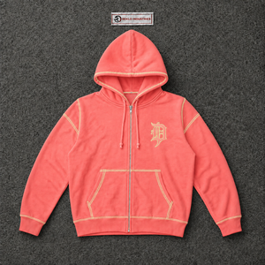 Sweat à capuche zippé rose corail gothique avec surpiqûres contrastées crème, coupe oversize, streetwear, logo brodé, unisexe, mode personnalisée, en promotion - Product Image 5