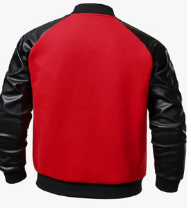 Men's Red Varsity Jacket Stand Collar <b>Covered</b> <b>Button</b> Closure Regular Fit Breathable High Street Style Winter Wear Canvas Fabric - Product Image 2