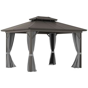 Gazebo 10x12 piedi con Tetto Rigido in Alluminio e Tende Grigie, Rete Inclusa, per Giardino e Patio - Pergola in Legno Rivestito - Product Image 1