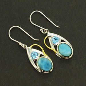 Boucles d'oreilles pendantes en forme de goutte d'eau avec topaze bleue et pierre Larimar, serties en argent sterling 925, style classique pour femme - Product Image 1