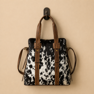 Sac fourre-tout en cuir noir et blanc pour femme, sac à main en cuir véritable, sac à bandoulière spacieux en cuir de vachette de style western, pour un usage quotidien - Product Image 1