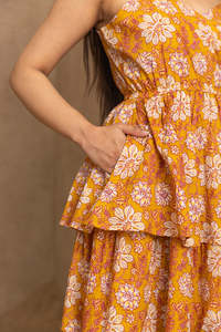 Mustard Floral Print <b>Spaghetti</b> <b>Strap</b> Cotton <b>Midi</b> <b>Dress</b> For Women Featuring Lightweight Fabric Modern Style Comfortable Fit - Product Image 5