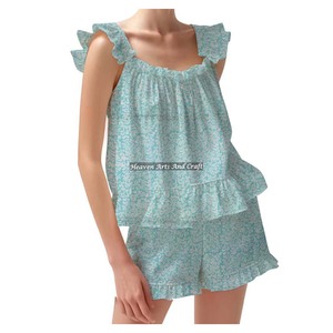 Women's Floral Pajama Set 2 Piece Loungewear Ruffle Hem Tank Top Vest Shorts <b>PJs</b> Set Ruffle Sleeve Cami Lounge Set Ruffle Trim - Product Image 5