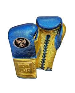 Custom OEM Leather Boxing Gloves Professional Training Sparring Glove Custom Logo Metallic Blue Metallic Gold Boxing Gloves - Product Image 1