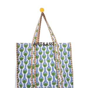Indian Hand Block Printed <b>Quilted</b> Women's Summer Fashion Tote Shopping Carry Shoulder Bag Multi-Color Floral Print Cotton Two - Product Image 6