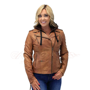 Chaqueta de Motociclista de Cuero Marrón para Mujer, Marca OEM, Manga Larga, Impermeable, para Otoño, Modelo GA-MS-3822 de Gariox Apparel - Product Image 3