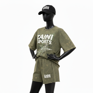 Premium Cotton Jersey <b>Women</b> <b>T</b> <b>shirt</b> Booty <b>Short</b> <b>Set</b> 220 GSM Soft Washed Fabric Olive Tone Custom Print Logo <b>Women's</b> <b>Sets</b> - Product Image 3