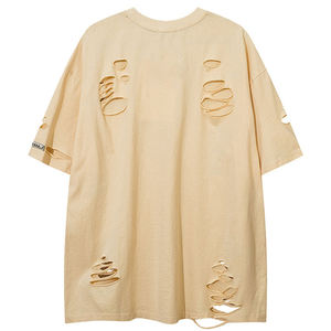 เสื้อยืดฮิปฮอปผู้ชายแบบขายส่ง สั่งทำได้ ทรงใหญ่ ขาดๆ แบบดิสเทรส คุณภาพสูง เสื้อยืดแขนสั้นลำลองสำหรับผู้ชาย - Product Image 5