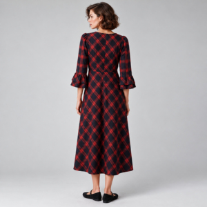 Vestido midi a cuadros para mujer, cuello redondo, manga larga con volantes, línea A, estilo vintage, elegante, para fiesta de otoño - Product Image 6