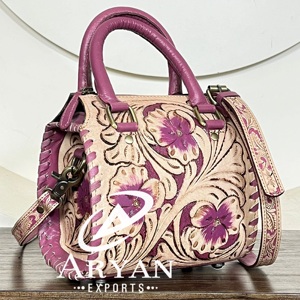 Fashionable Handcrafted Genuine Cowhide Leather Small Speedy Bag Carved Floral Pattern Travel Shoulder Purse Western Design - Product Image 1