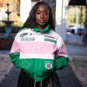 Pink Green <b>Race</b> <b>Car</b> <b>Jacket</b> Women Embroidered Racing Style Bomber Coat Long Sleeve Sorority Inspired Streetwear Casual - Product Image 1