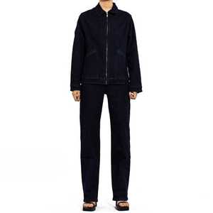 Custom Denim Suit Dark Blue Lapel Cargo <b>Jacket</b> Solid Color Denim Washed <b>Women</b> Jeans Tracksuit - Product Image 1