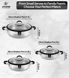 Luxury 6-Piece 18/10 Stainless Steel Shallow <b>Pot</b> <b>Set</b> with Silicone-Edged Lids and Silicone-Wrapped Handles - Product Image 2