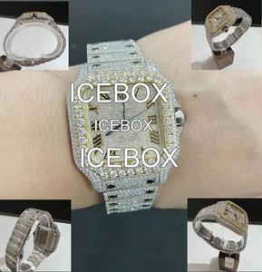 Montre-bracelet carrée pour homme en acier inoxydable, cadran en verre entièrement serti de moissanite, bracelet noir avec fermoir, étanche 10 bars - Product Image 4