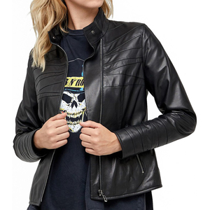 Blouson de moto en cuir de vache véritable tricoté pour femme, col montant zippé, respirant, hiver, grandes tailles, OEM, couleur unie - Product Image 5