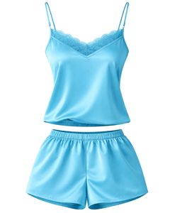 Ensemble de pyjama en satin bleu ciel avec dentelle pour femmes, ensemble de pyjama sexy, vêtements de nuit doux en soie, tenue de détente en deux pièces pour l'été - Product Image 2