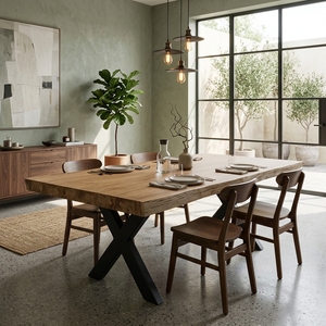 Table à manger en bois de Suar massif avec bord naturel, pieds en métal noir en forme de X, style industriel rustique, meubles de cuisine, plateau en bois naturel - Product Image 4