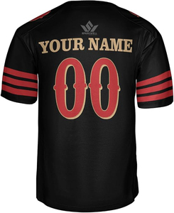 Maillot de football américain personnalisé pour homme, noir, avec numéro turquoise, bordure orange, col en V, manches courtes, en polyester anti-humidité, uniforme d'équipe - Product Image 2
