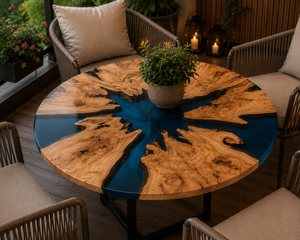 Blue <b>Epoxy</b> Resin Round <b>Coffee</b> <b>Table</b> Natural Wood River <b>Table</b> Handmade Patio Furniture Luxury Outdoor Decor - Product Image 2