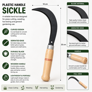 Faucille à manche en bois, lame dentelée en acier au carbone, coupe-herbe, désherbeur, outil de récolte pour jardin et ferme, équipement agricole - Product Image 5