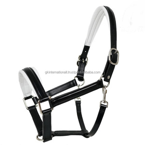 Licou de cheval en cuir double rembourré de la plus haute qualité en cuir véritable brun noir et beige avec quincaillerie en nickel ou en laiton - Product Image 1