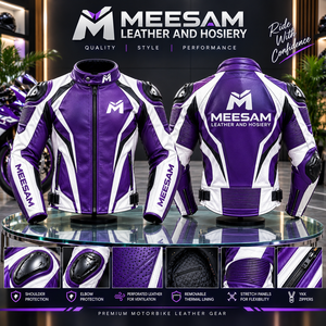 Chaqueta de Motocicleta de Cuero Morado y Blanco, Transpirable y Perforada, para Hombre, de Piel de Canguro Premium - Product Image 1