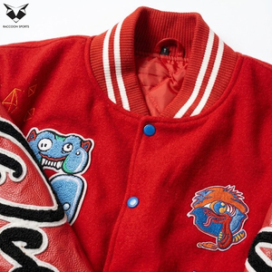 Red Color Casual <b>Long</b> Sleeve Single Button Wool & PU <b>Leather</b> Eco-Friendly Breathable Baseball Varsity <b>Jackets</b> - Product Image 5